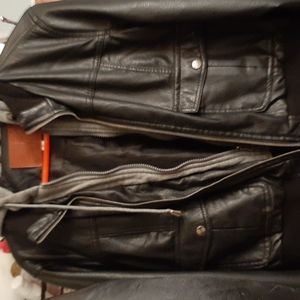 Miss London black leather jacket with grey hoodie lining XL